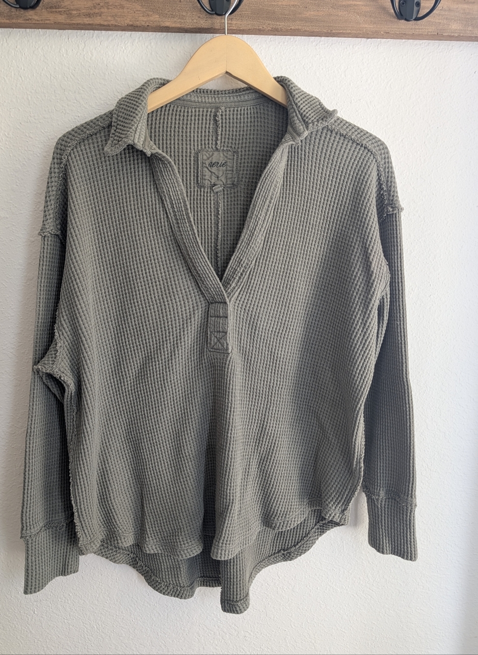 Aerie LumberJane Waffle Polo Shirt Dark Olive Green Size Small